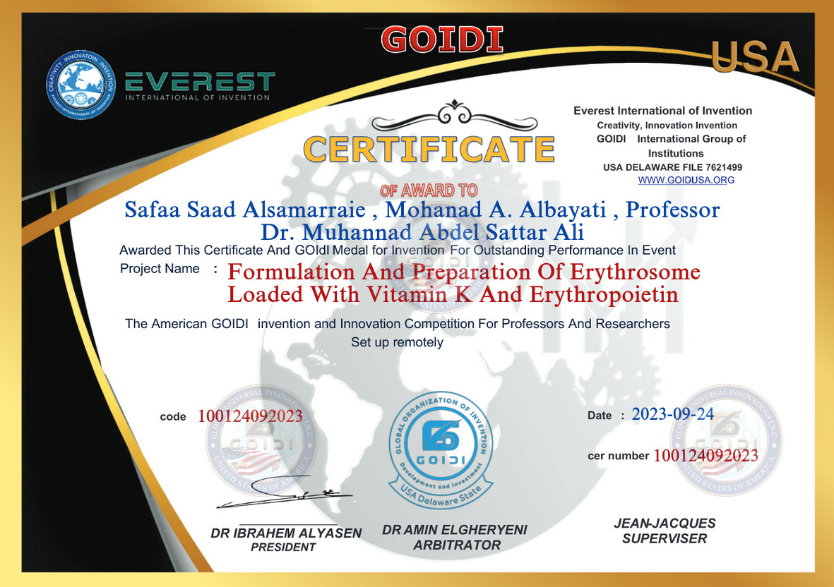 Safaa Saad Alsamarraie , Mohanad A. Albayati , Professor Dr. Muhannad Abdel Sattar Ali <br/> <br/>  Formulation and preparation of erythrosome loaded with vitamin K and erythropoietin